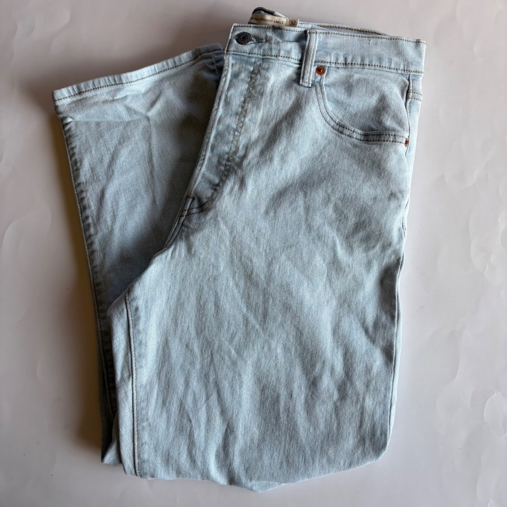 Levis Ribcage Straight Ankle Jeans Light Wash Distressed High Rise Blue Size 32